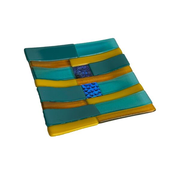 Colorful abstract Pattern Fused Art Glass Trinket Dish Tray 6” square - Picture 1 of 8